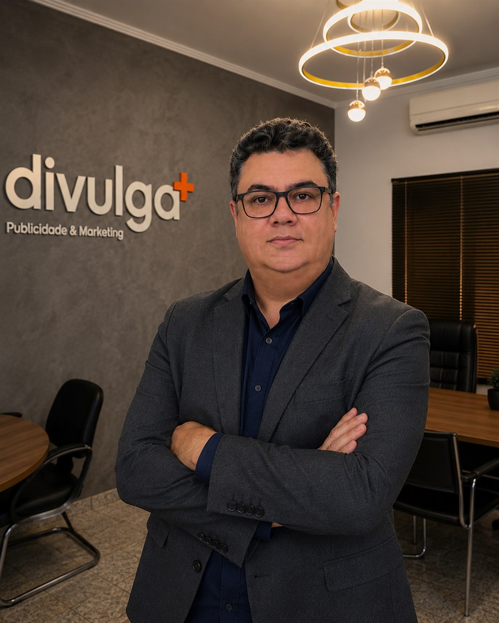 Fabricio Pedroso na sede da DivulgaMais Publicidade e Marketing